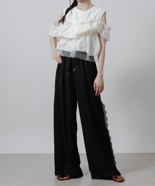 NYLAUS(ナイラス)の「【SG】3WAY フリルトップス ノースリーブ Tシャツ 異素材(Tシャツ/カットソー・レディース・ブラック/オフホワイト・M)」の13枚目の写真