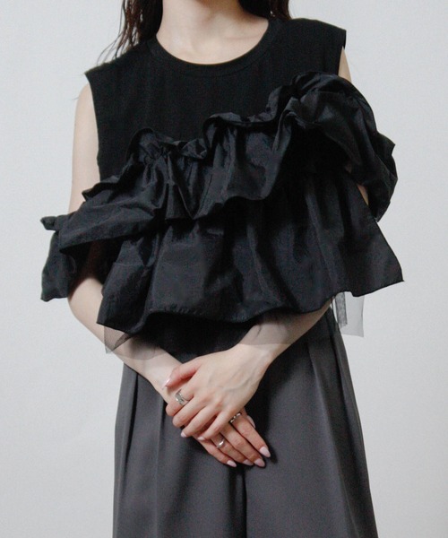NYLAUS(ナイラス)の「【SG】3WAY フリルトップス ノースリーブ Tシャツ 異素材(Tシャツ/カットソー・レディース・ブラック/オフホワイト・M)」の15枚目の写真