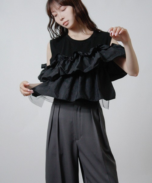 NYLAUS(ナイラス)の「【SG】3WAY フリルトップス ノースリーブ Tシャツ 異素材(Tシャツ/カットソー・レディース・ブラック/オフホワイト・M)」の16枚目の写真