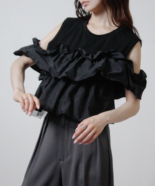 NYLAUS(ナイラス)の「【SG】3WAY フリルトップス ノースリーブ Tシャツ 異素材(Tシャツ/カットソー・レディース・ブラック/オフホワイト・M)」の17枚目の写真