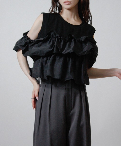 NYLAUS(ナイラス)の「【SG】3WAY フリルトップス ノースリーブ Tシャツ 異素材(Tシャツ/カットソー・レディース・ブラック/オフホワイト・M)」の19枚目の写真
