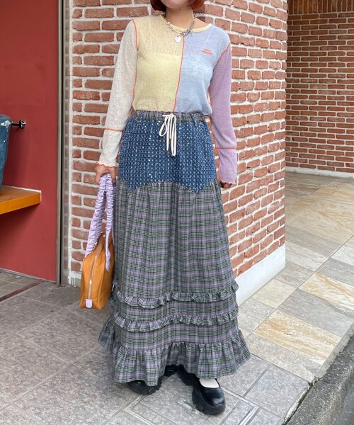 HELLO.SANFRANCISCO（ハローサンフランシスコ）の「【HELLO.SANFRANCISCO/ハローサンフランシスコ】ラメデニムチェックリメイクスカート（スカート・レディース・イエロー/グレー・ONE SIZE）」の6枚目の写真