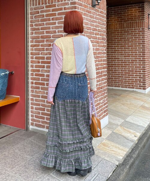 HELLO.SANFRANCISCO（ハローサンフランシスコ）の「【HELLO.SANFRANCISCO/ハローサンフランシスコ】ラメデニムチェックリメイクスカート（スカート・レディース・イエロー/グレー・ONE SIZE）」の8枚目の写真
