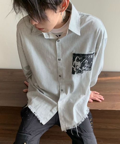 link lot(リンクロット)の「【26年秋冬新作アイテム】裾フリンジ加工プリントストライプシャツ(シャツ/ブラウス・メンズ・ホワイト・M/L)」の9枚目の写真