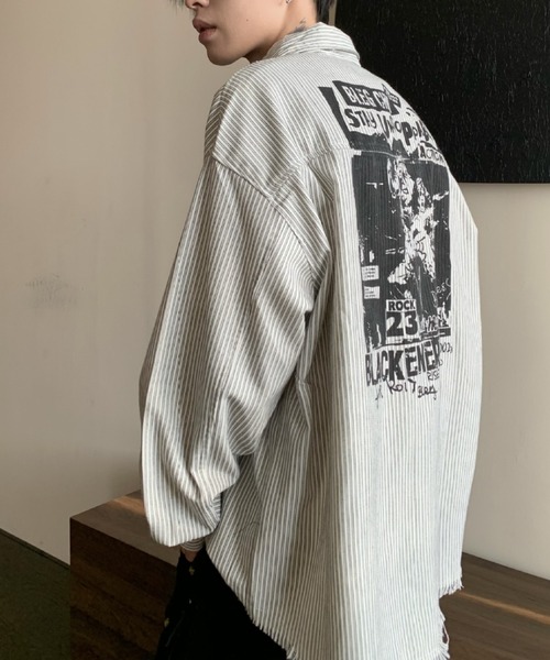 link lot(リンクロット)の「【26年秋冬新作アイテム】裾フリンジ加工プリントストライプシャツ(シャツ/ブラウス・メンズ・ホワイト・M/L)」の10枚目の写真
