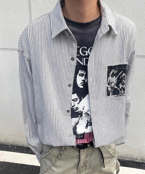link lot(リンクロット)の「【26年秋冬新作アイテム】裾フリンジ加工プリントストライプシャツ(シャツ/ブラウス・メンズ・ホワイト・M/L)」の4枚目の写真