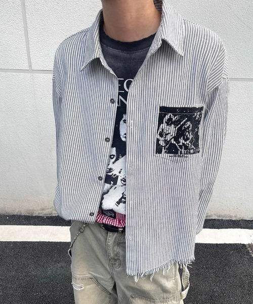 link lot(リンクロット)の「【26年秋冬新作アイテム】裾フリンジ加工プリントストライプシャツ(シャツ/ブラウス・メンズ・ホワイト・M/L)」の5枚目の写真