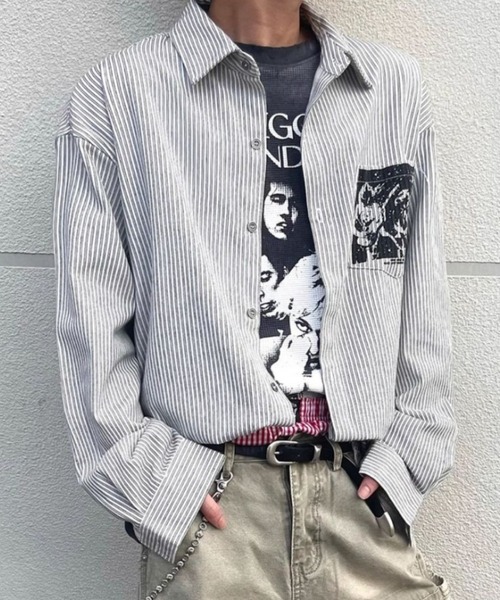 link lot(リンクロット)の「【26年秋冬新作アイテム】裾フリンジ加工プリントストライプシャツ(シャツ/ブラウス・メンズ・ホワイト・M/L)」の3枚目の写真