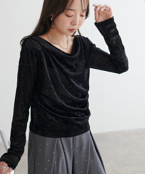 DISCOAT（ディスコート）の「【WEB限定】フロッキーメッシュドレープロングTシャツ（Tシャツ/カットソー・レディース・グレイッシュベージュ/ブラック/チャコールグレー/アイボリー/ブラウン・FREE）」の3枚目の写真