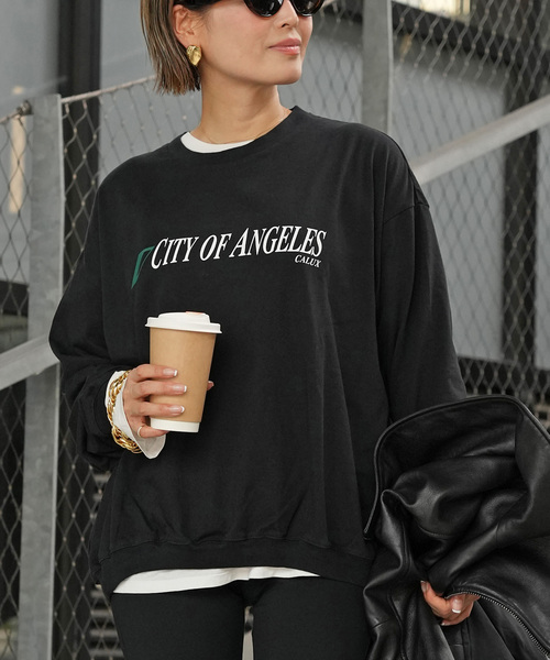 CALUX(キャラクス)の「【CALUX/キャラクス】RIB LOGO ロングスリーブ Tシャツ(Tシャツ/カットソー・レディース・チャコールグレー/ブラック・FREE)」の1枚目の写真
