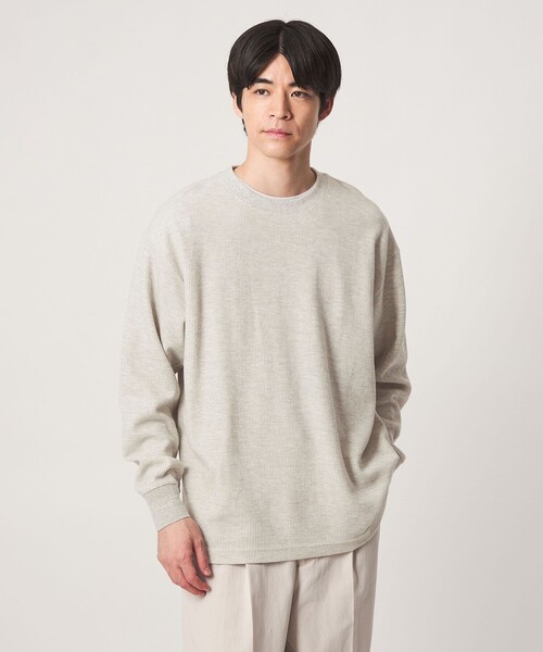 green label relaxing(グリーンレーベルリラクシング)の「ワッフル クルーネック 長袖 Tシャツ カットソー(Tシャツ/カットソー・メンズ・モカ/ブラック/ダークグリーン/グレー系・S/L/M/XL)」の2枚目の写真