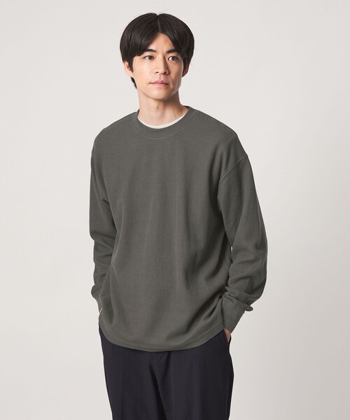 green label relaxing(グリーンレーベルリラクシング)の「ワッフル クルーネック 長袖 Tシャツ カットソー(Tシャツ/カットソー・メンズ・モカ/ブラック/ダークグリーン/グレー系・S/L/M/XL)」の4枚目の写真