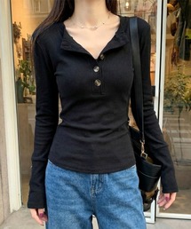 ヘンリーネック長袖リブカットソー レディース