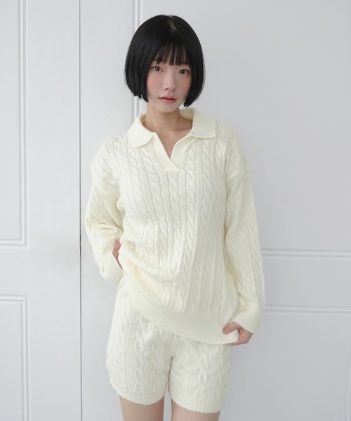 by muni:r(バイ ムニール)の「【セットアップ】カラーケーブルニットセットアップ/2026 AW COLLECTION(セットアップ・レディース・グレー/アイボリー・FREE)」の1枚目の写真