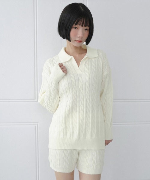 by muni:r(バイ ムニール)の「【セットアップ】カラーケーブルニットセットアップ/2026 AW COLLECTION(セットアップ・レディース・グレー/アイボリー・FREE)」の4枚目の写真