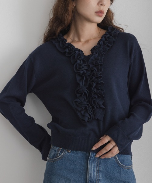 URBAN RESEARCH Sonny Label(アーバンリサーチサニーレーベル)の「『WEB限定』フロントフリルニットプルオーバー(ニット/セーター・レディース・ネイビー/チャコールグレー/オフホワイト・FREE)」の3枚目の写真