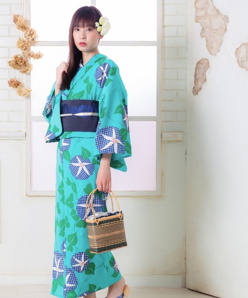 グリーン　浴衣単品 セール】【完売】グリーン×ブルー 朝顔 昭和レトロ 浴衣