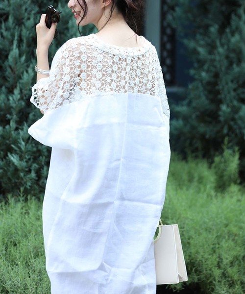 Cawaii カワイイ の バックレースが美しいホワイトワンピース バックデザイン レース切り替え 半袖ワンピース ワンピース Wear