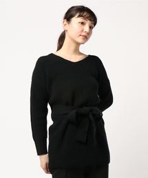 ウエストリボン背中開きVネックざっくりニットチュニック＊レディース/トップス/セーターC3558]神戸レタス