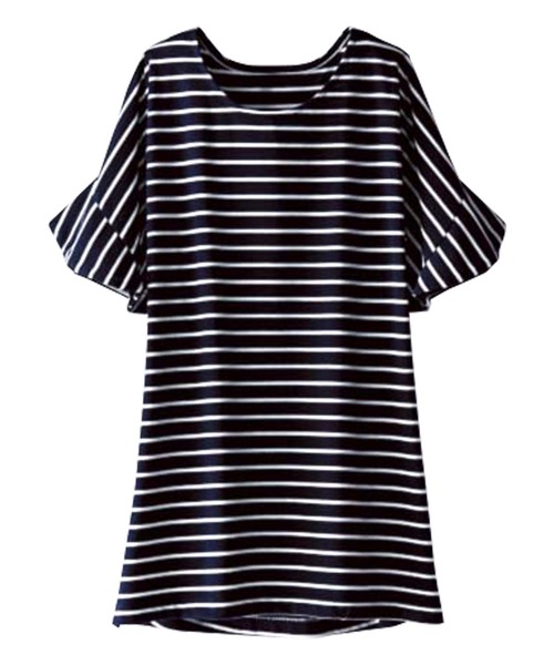 BELLUNA(ベルーナ)の「ボーダー素材袖フリルデザインプルオーバー(Tシャツ/カットソー・レディース・ホワイト×ブラック/ホワイト×ネイビー/ホワイト×ピンク/ネイビー×ホワイト・MEDIUM/LARGE/X-LARGE)」の7枚目の写真