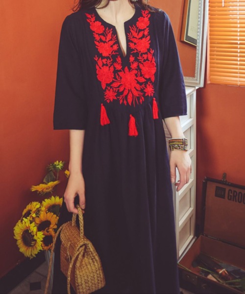 ANOTHER S（アナザーエス）の「リネン混刺繍ロングワンピース