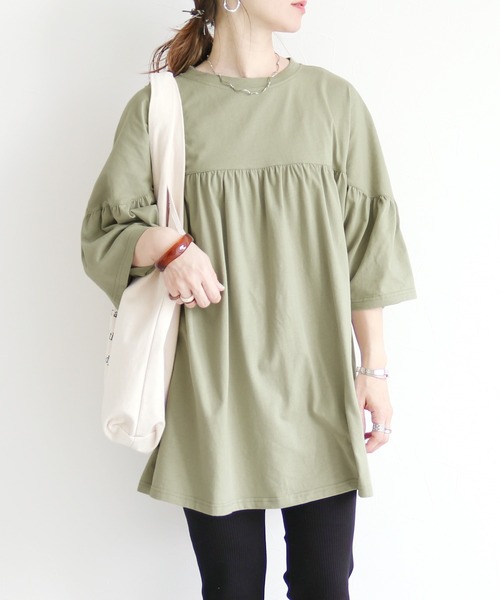 reca(レカ)の「ギャザーフレア半袖カットソー(Tシャツ/カットソー・レディース・カーキ/モカ/グレー系その他・FREE)」の1枚目の写真