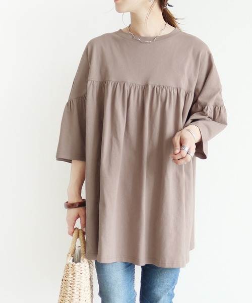 reca(レカ)の「ギャザーフレア半袖カットソー(Tシャツ/カットソー・レディース・カーキ/モカ/グレー系その他・FREE)」の3枚目の写真