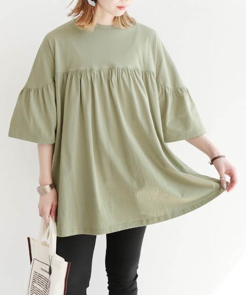 reca(レカ)の「ギャザーフレア半袖カットソー(Tシャツ/カットソー・レディース・カーキ/モカ/グレー系その他・FREE)」の6枚目の写真