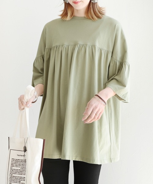 reca(レカ)の「ギャザーフレア半袖カットソー(Tシャツ/カットソー・レディース・カーキ/モカ/グレー系その他・FREE)」の4枚目の写真