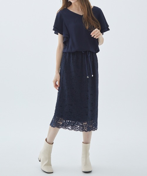 Fabulous Angela(ファビュラスアンジェラ)の「袖フレアレースドッキングワンピース(ワンピース・レディース・カーキ/ネイビー/ピンク・FREE)」の1枚目の写真