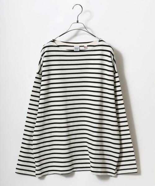 ANPAS(アンパス)の「USA cotton Wide Silhouette Basque Shirt/USAコットン ワイドシルエット バスクシャツ(Tシャツ/カットソー・メンズ・ダークグリーン/ホワイト×ブラック/ネイビー/ホワイト×ネイビー/ブラック/サックスブルー/チャコールグレー/オフホワイト/ベージュ系その他/ブルー系その他/グレイッシュベージュ/ネイビー系/オレンジ系その他/チャコールグレー×パープル/グリーン系その他/パープル・L/M)」の3枚目の写真
