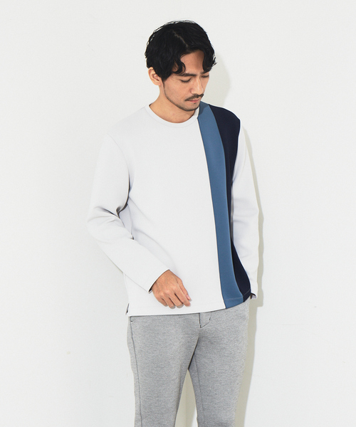 ABAHOUSE GRAY(アバハウスグレイ)の「ポンチ ストライプ 切替 長袖 Tシャツ(Tシャツ/カットソー・メンズ・ホワイト/ブラック/グレイッシュベージュ・46/48)」の2枚目の写真