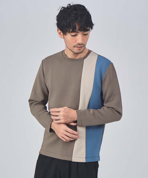 ABAHOUSE GRAY(アバハウスグレイ)の「ポンチ ストライプ 切替 長袖 Tシャツ(Tシャツ/カットソー・メンズ・ホワイト/ブラック/グレイッシュベージュ・46/48)」の3枚目の写真