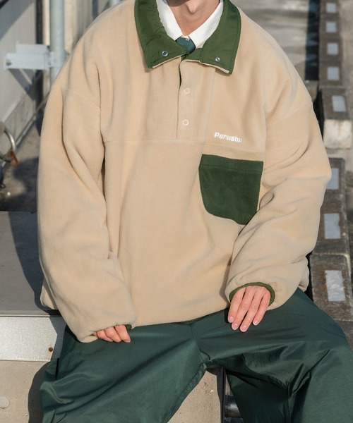 Perushu（ペルーシュ）の「レトロ配色切り替えフリースプルオーバー（その他トップス・メンズ・ライトブルー/ライトグリーン/ライトベージュ/ダークグリーン・MEDIUM/LARGE）」の2枚目の写真