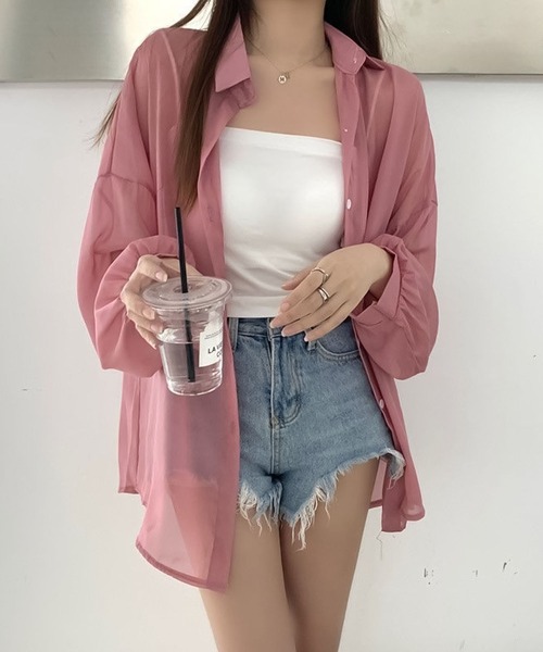 Girly Doll(ガーリードール)の「オーバーサイズシアーシフォンシャツ(シャツ/ブラウス・レディース・ホワイト/パープル/ブルー/オレンジ/グリーン/ブラック/ベージュ/グレー/ピンク系その他/ダークパープル/ライトピンク・F)」の9枚目の写真