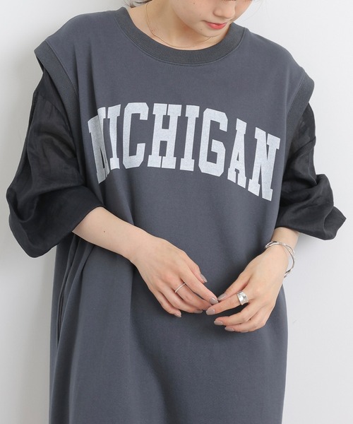 PUAL CE CIN（ピュアルセシン）の「裏毛カレッジロゴノースリーワンピース（ワンピース・レディース・チャコールグレー/ベージュ・FREE）」の8枚目の写真