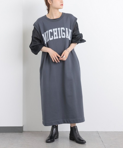 PUAL CE CIN（ピュアルセシン）の「裏毛カレッジロゴノースリーワンピース（ワンピース・レディース・チャコールグレー/ベージュ・FREE）」の9枚目の写真