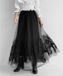 【LVEU.】チュールレースロングスカート / ボトムス スカート チュール レース 刺繍 フレア シアー レイヤード ボリューム ロング ブラック ブルー グレー ライトベージュ アイボリー