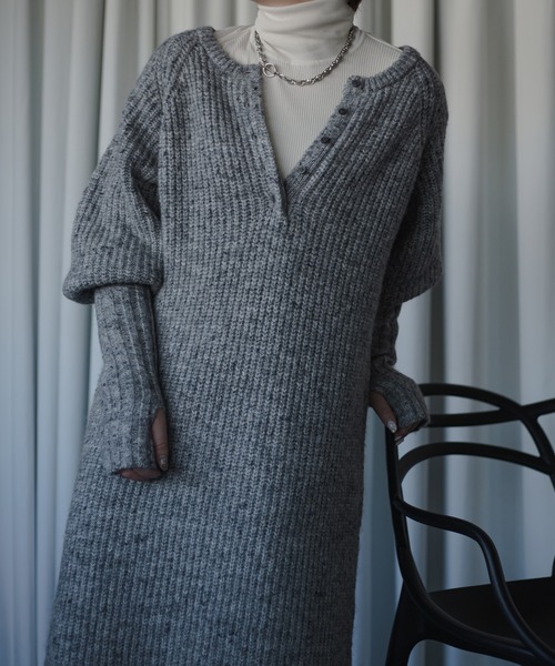 Ezick(エジック)の「Mix nep ヘンリーニットワンピース(ワンピース・レディース・グレー/ブラウン・FREE)」の17枚目の写真