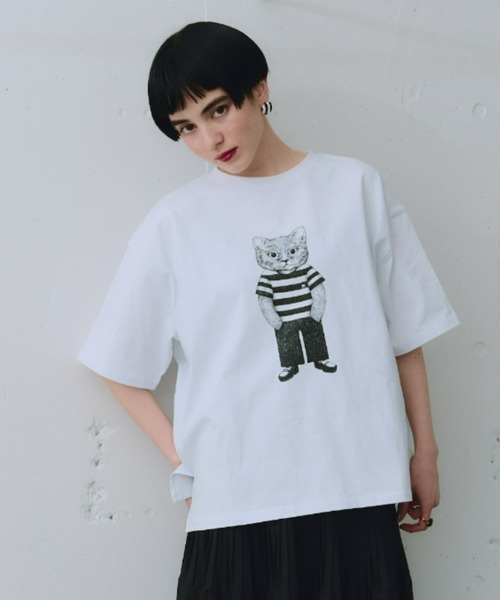 manana suerte(マニャーナスエルテ)の「モノトーンCATモチーフTシャツ(Tシャツ/カットソー・レディース・ホワイト・FREE)」の1枚目の写真