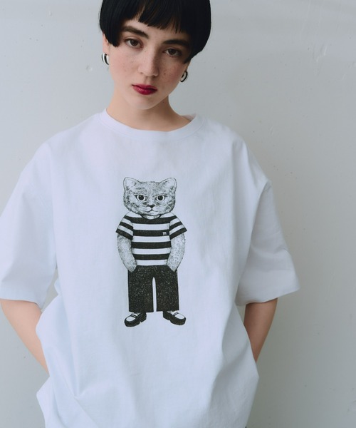 manana suerte(マニャーナスエルテ)の「モノトーンCATモチーフTシャツ(Tシャツ/カットソー・レディース・ホワイト・FREE)」の2枚目の写真