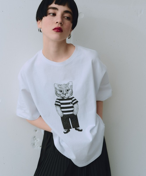 manana suerte(マニャーナスエルテ)の「モノトーンCATモチーフTシャツ(Tシャツ/カットソー・レディース・ホワイト・FREE)」の3枚目の写真