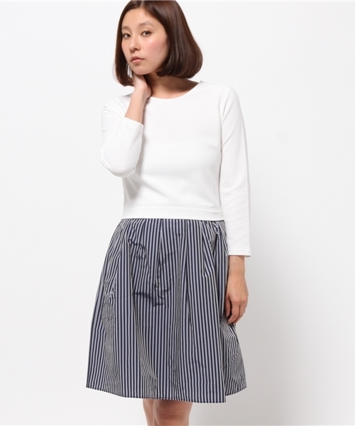 OUTLET（アウトレット）の「【Chez toi】リップルSTR切替ワンピース（ワンピース・レディース・ネイビー/オフホワイト・FREE）」の2枚目の写真