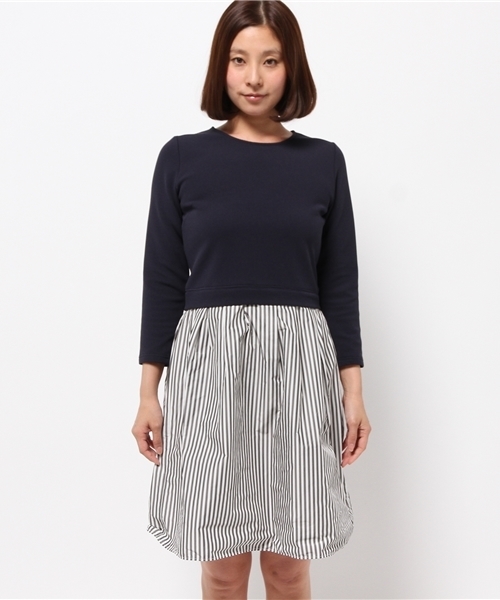 OUTLET（アウトレット）の「【Chez toi】リップルSTR切替ワンピース（ワンピース・レディース・ネイビー/オフホワイト・FREE）」の8枚目の写真