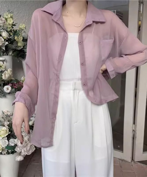 LAC-VERT（ラック・ヴェール）の「ニュアンスカラーシアーシャツ（シャツ/ブラウス・レディース・アイボリー/スモークピンク/ダークグリーン/グレー/ベージュ/パープル/モカ/ライトグレー・FREE）」の8枚目の写真