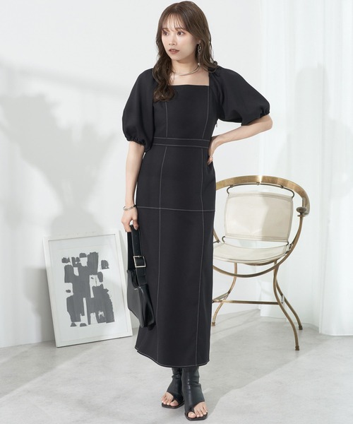 earth music&ecology(アースミュージックアンドエコロジー)の「配色ステッチパフスリーブワンピース(ワンピース・レディース・ブラック/サックスブルー/モカ・S/M)」の2枚目の写真