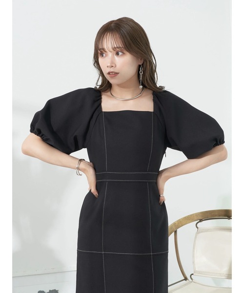 earth music&ecology(アースミュージックアンドエコロジー)の「配色ステッチパフスリーブワンピース(ワンピース・レディース・ブラック/サックスブルー/モカ・S/M)」の8枚目の写真