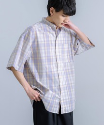 オーバーサイズ ブロードチェック ノーカラー半袖シャツ