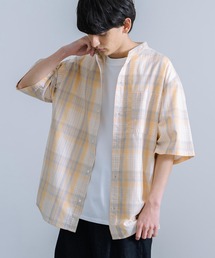 オーバーサイズ ブロードチェック ノーカラー半袖シャツ