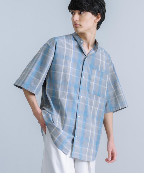 Rocky Monroe(ロッキーモンロー)の「オーバーサイズ ブロードチェック ノーカラー半袖シャツ(シャツ/ブラウス・メンズ・ベージュ系/オレンジ系/グレー系/パープル系・M/L)」の5枚目の写真